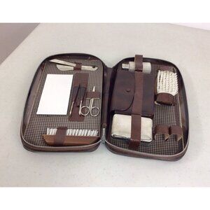 Vintage Travel Toiletry Kit Brown Leather Set